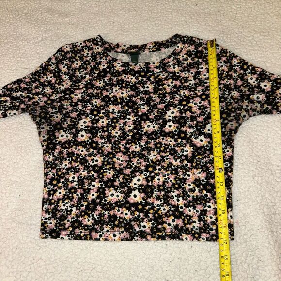 Wild Fable Cropped Long Sleeve Shirt Black Pink White Floral Ribbed Medium GUC - Picture 7 of 10